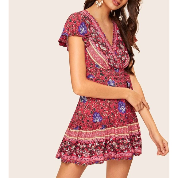Red Floral Side Tie Wrap Fit & Flare Mini Dress - Picture 5 of 7